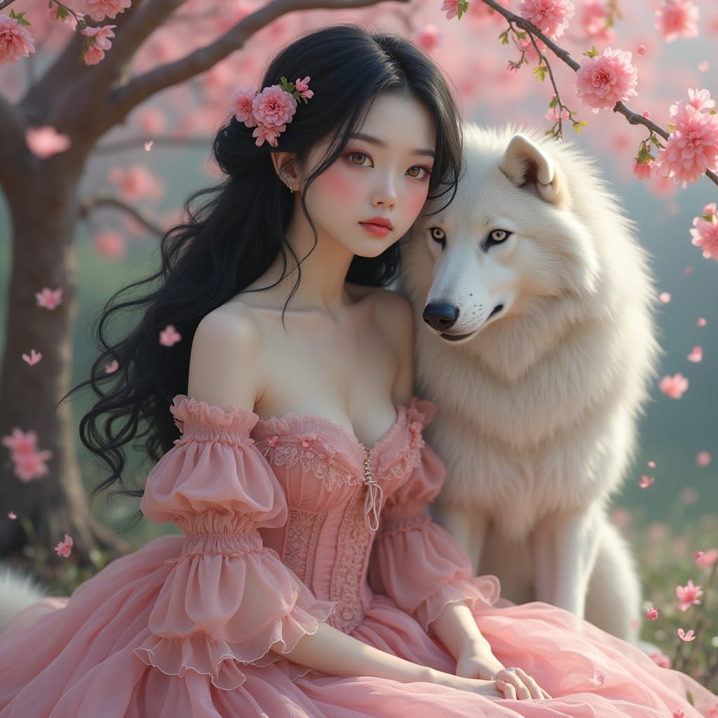 Ethereal Goddess in Whimsical Victorian Gown with Cherry Blo...