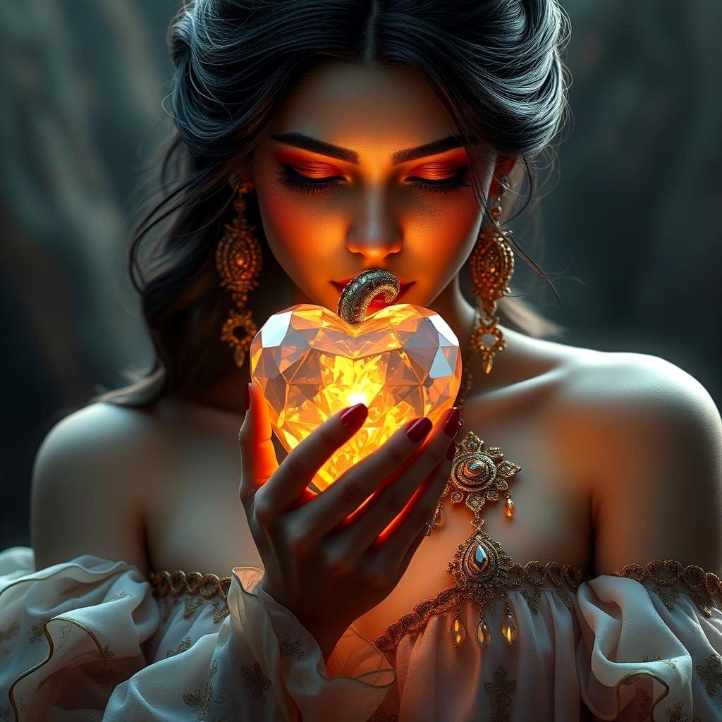 Woman Offering Shining Heart: Hyperdetailed Portrait