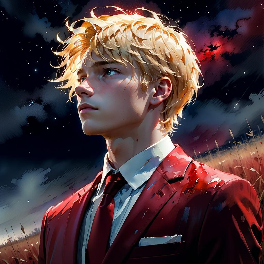 Teenage Boy in Red Suit, Watercolor Illustration