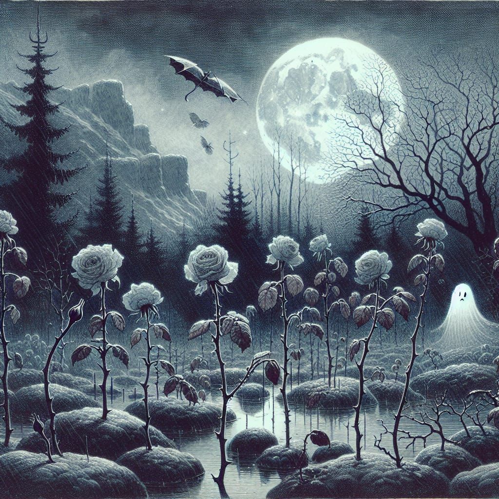 Nordic Autumn Garden with Ghost in Watercolor Style