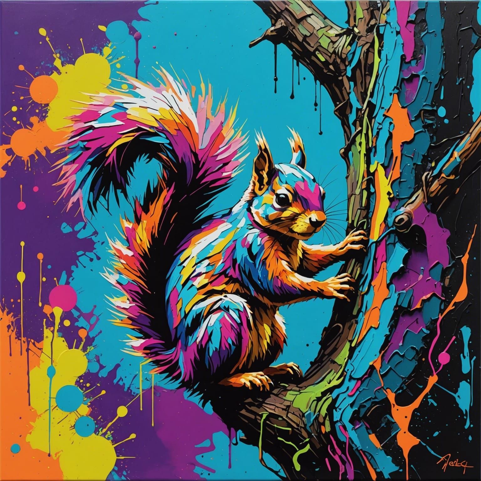 Cyberpunk Squirrel Impasto Art with Neon Splash