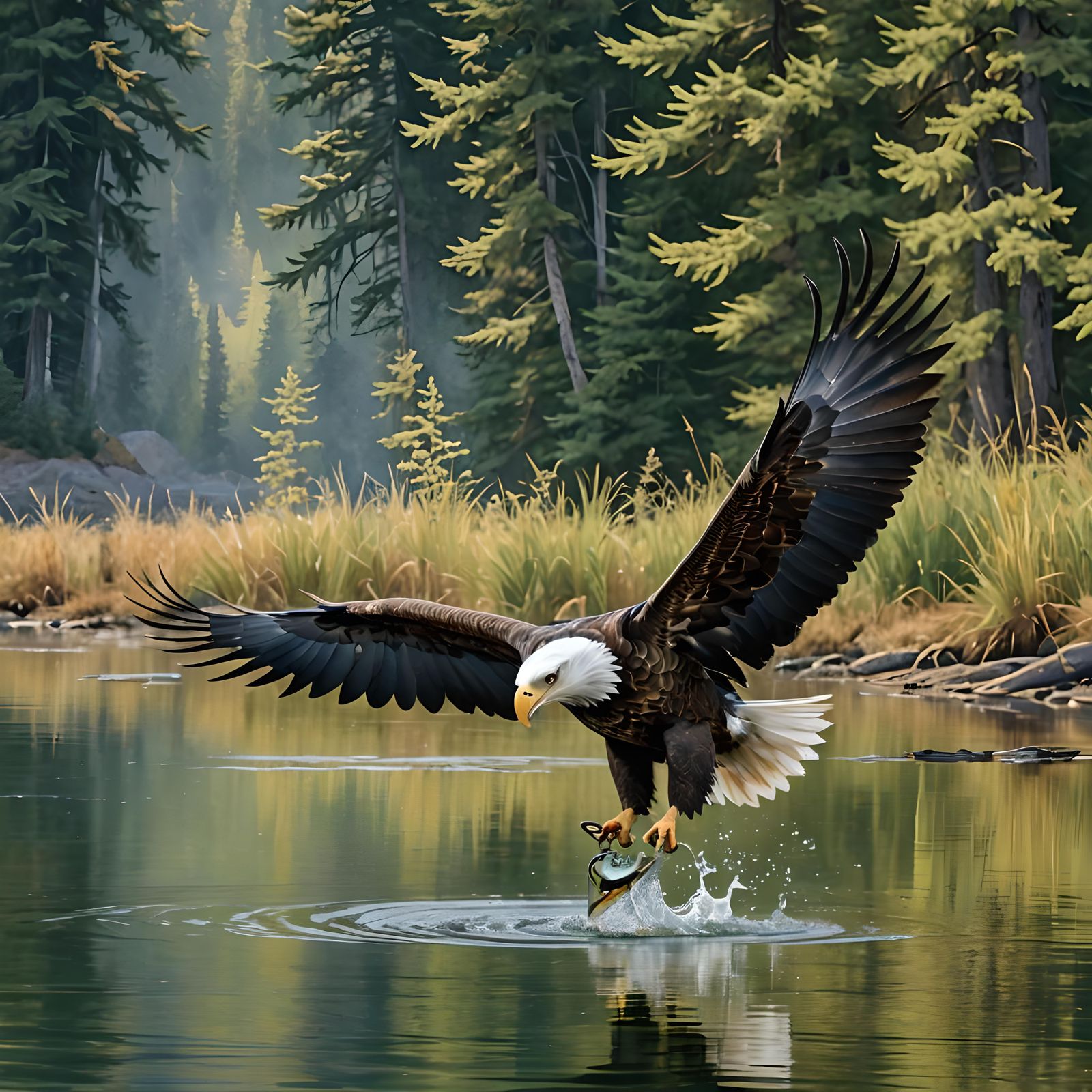 Bald Eagle Fishing in Watercolor Style