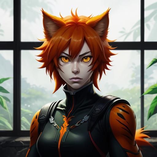 Anime-Style Teen Girl with Feline Features in Jungle