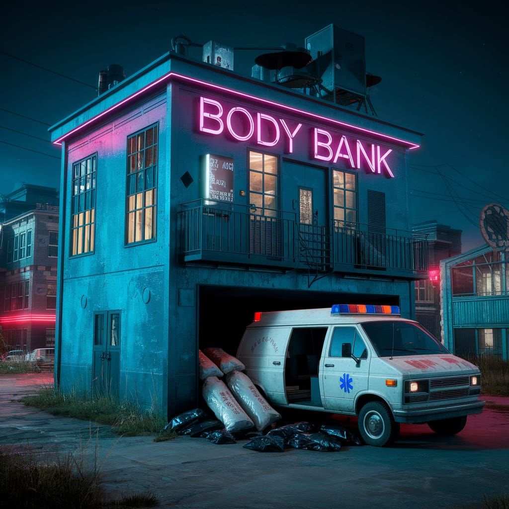 Cyberpunk Body Bank at Night: Neon and Body Bags