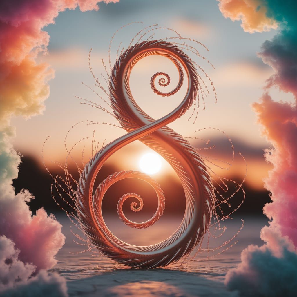 Elegant Number 8 Spirals Upwards in Vibrant Sunset Scene
