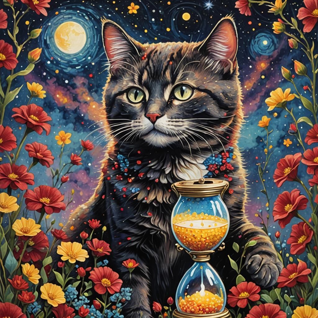 Cat and Hourglass in Night Sky as Pointillism