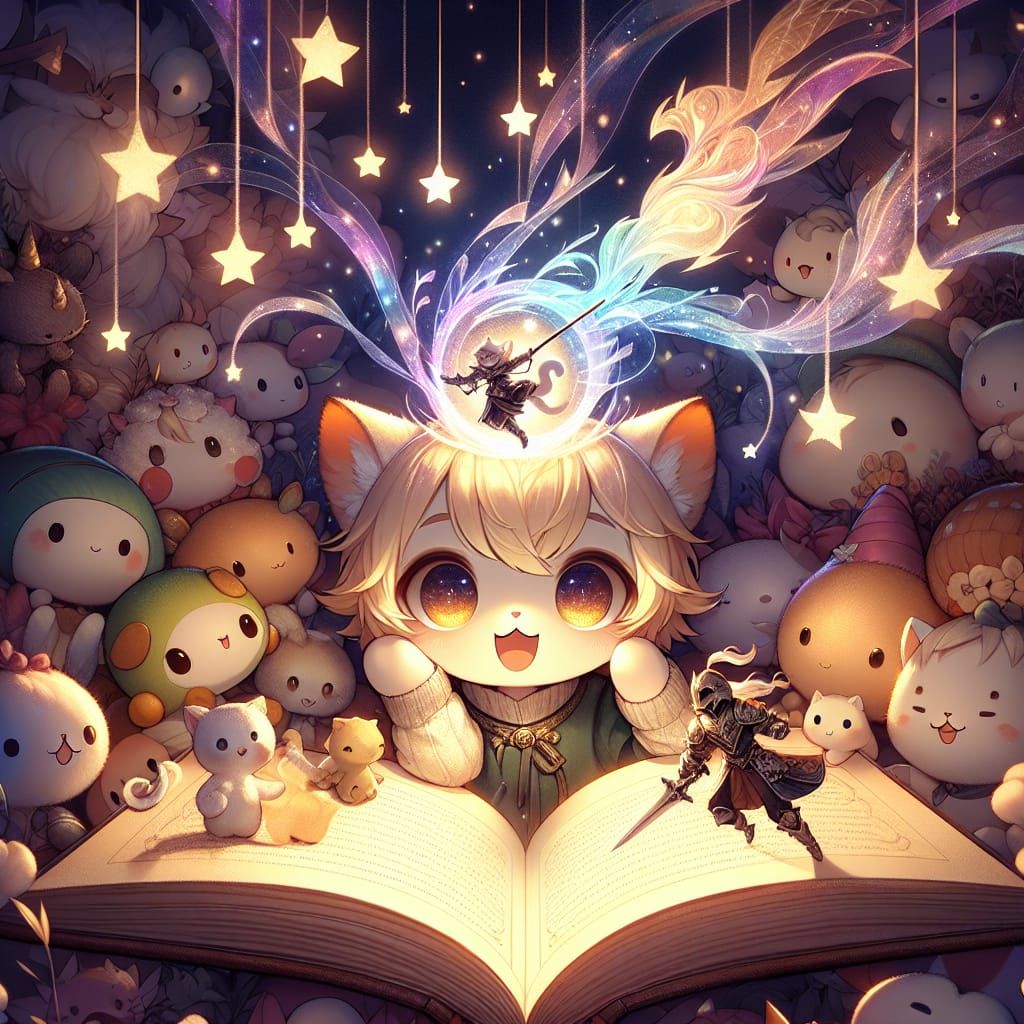 Anime Cat-Girl Discovering a Magical Story
