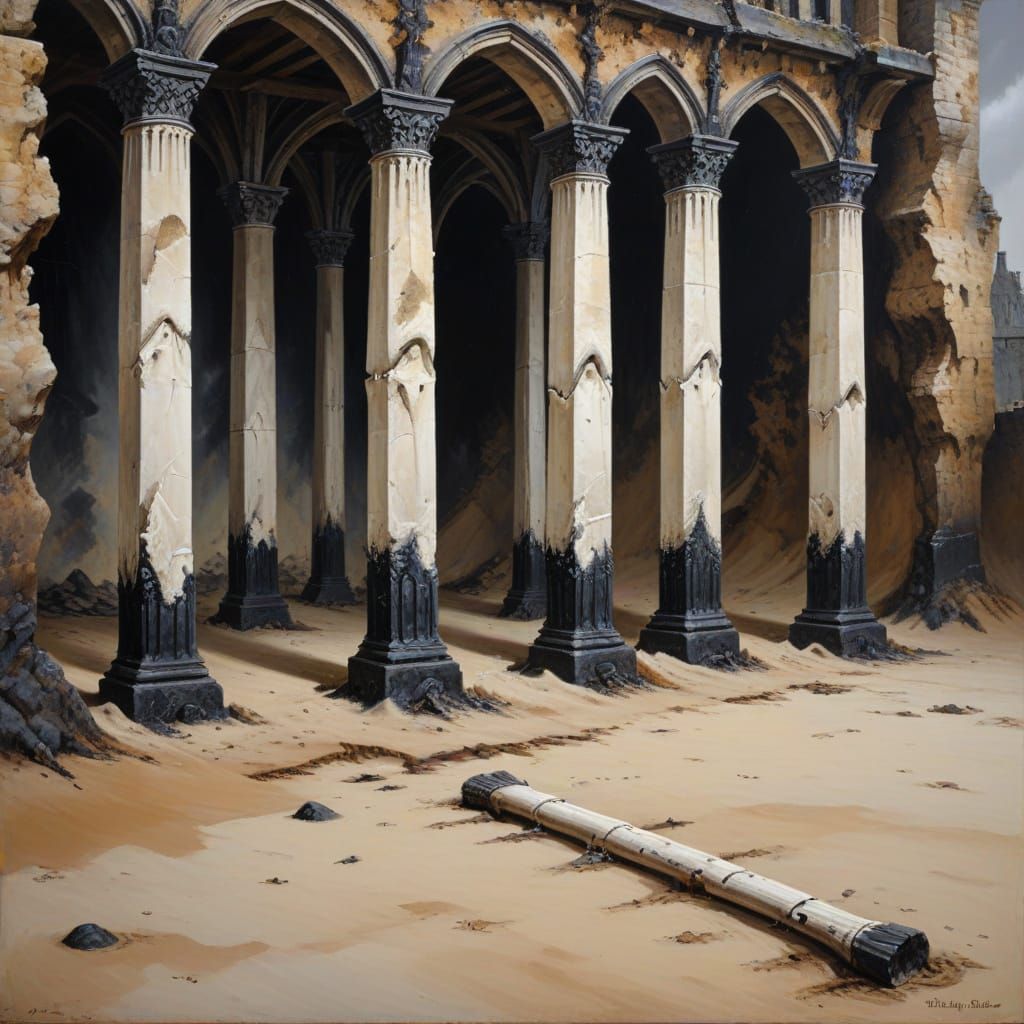 Gothic Pillars in Dark Tudor Oil Painting