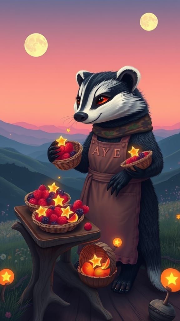 A friendly badger selling fantastical fruits & vegetables th...