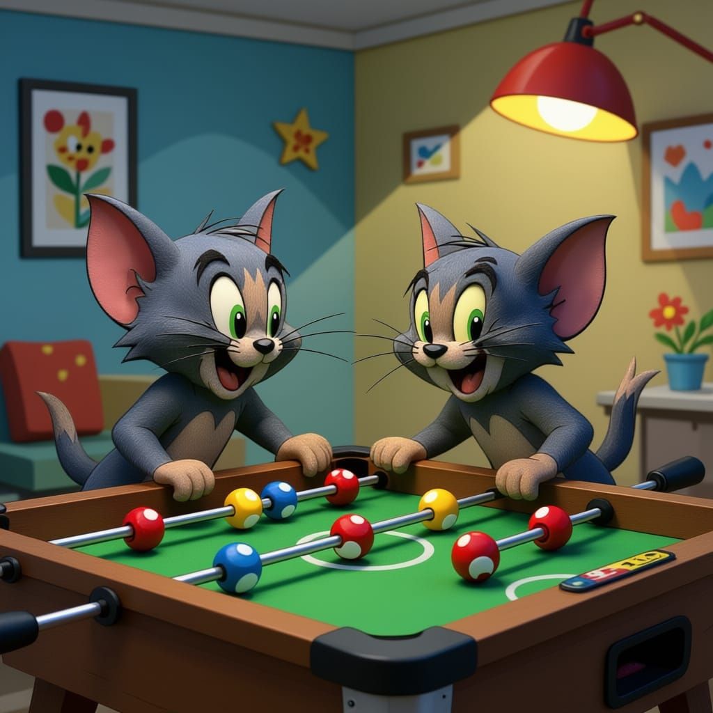 Tom and Jerry Play Foosball in Vibrant Style