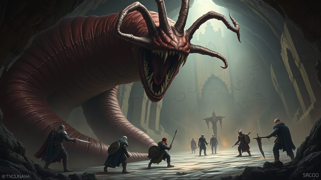 Giant Monster Worm Dungeon Battle, Oil Painting