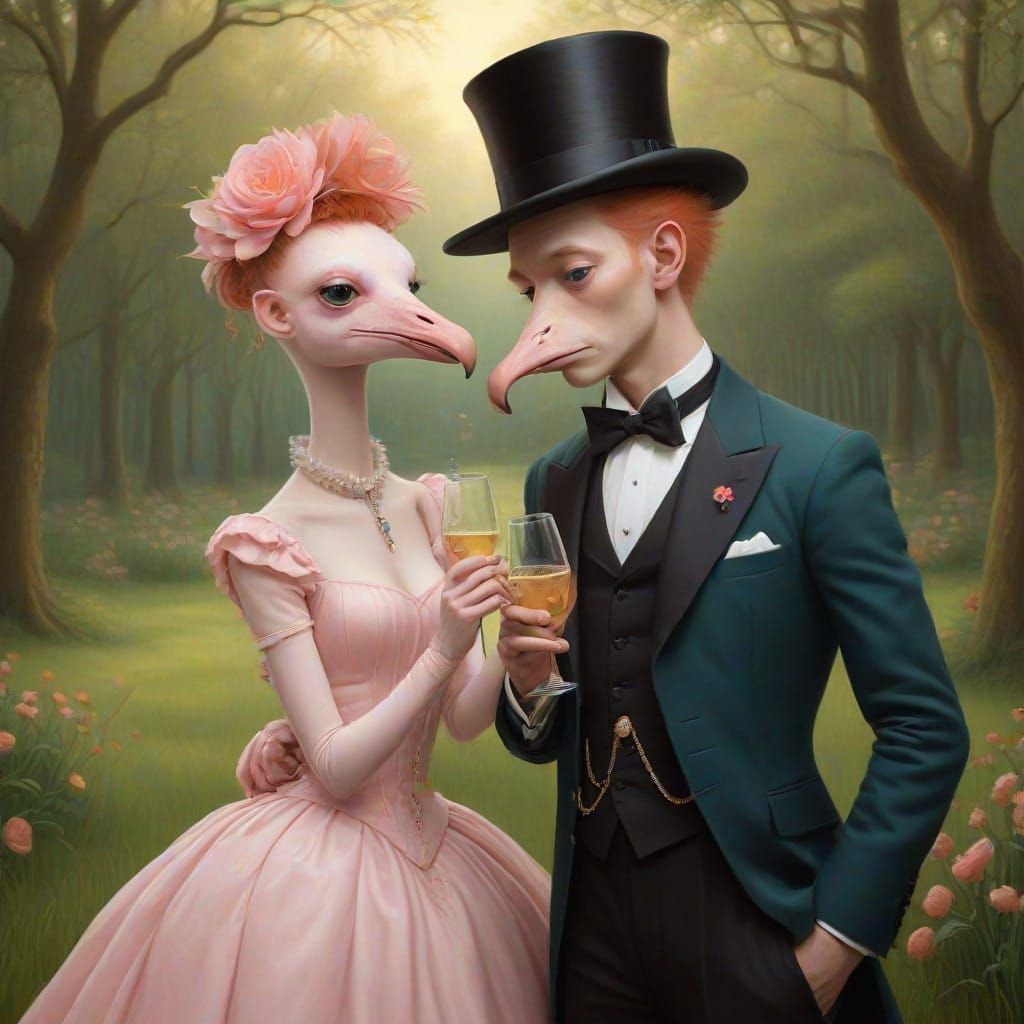 two flamingos having a champagne toast
