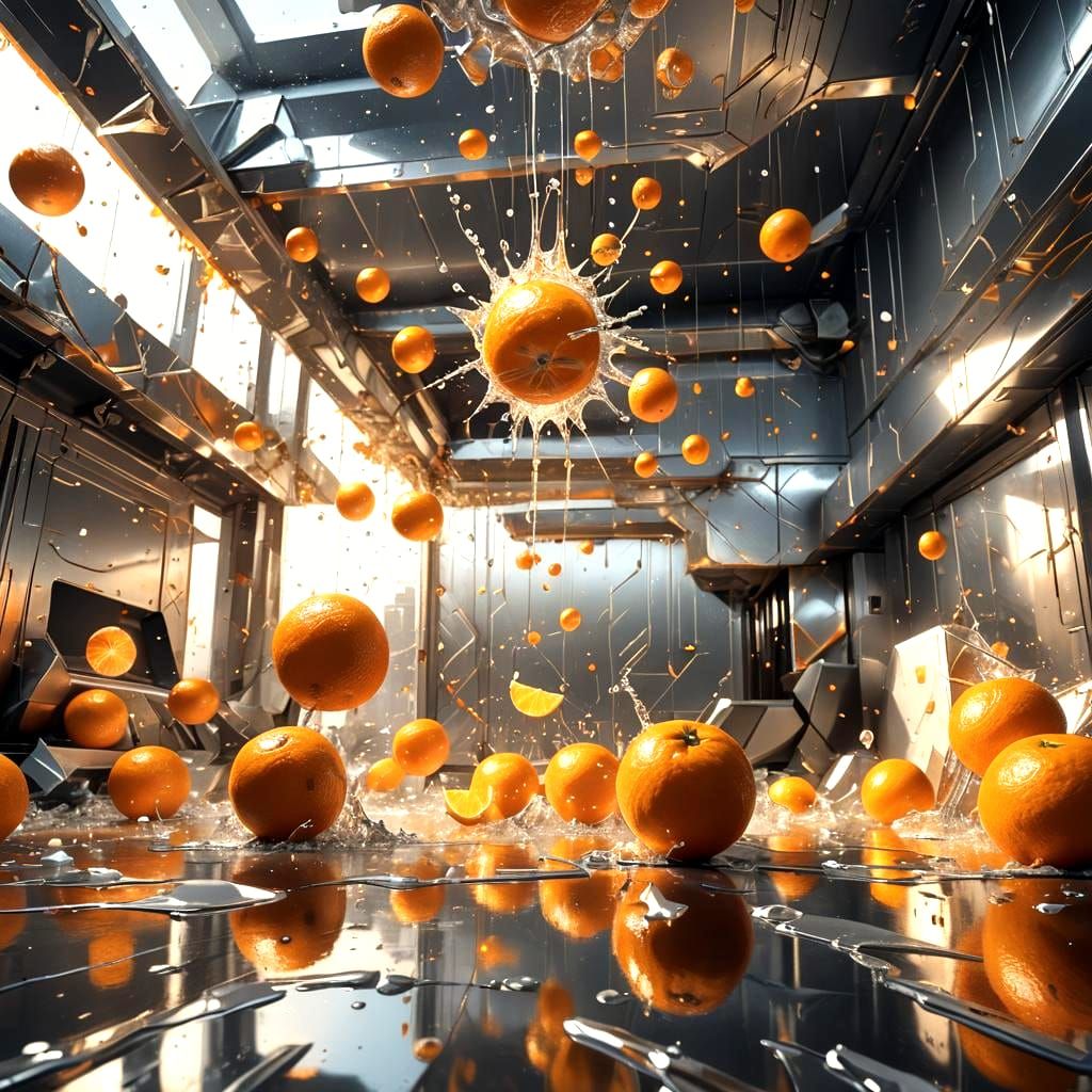 Hyperreal Exploding Oranges in Silver Room