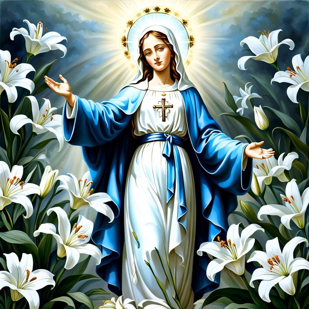 Virgin Mary with Lilies, Peaceful Expression