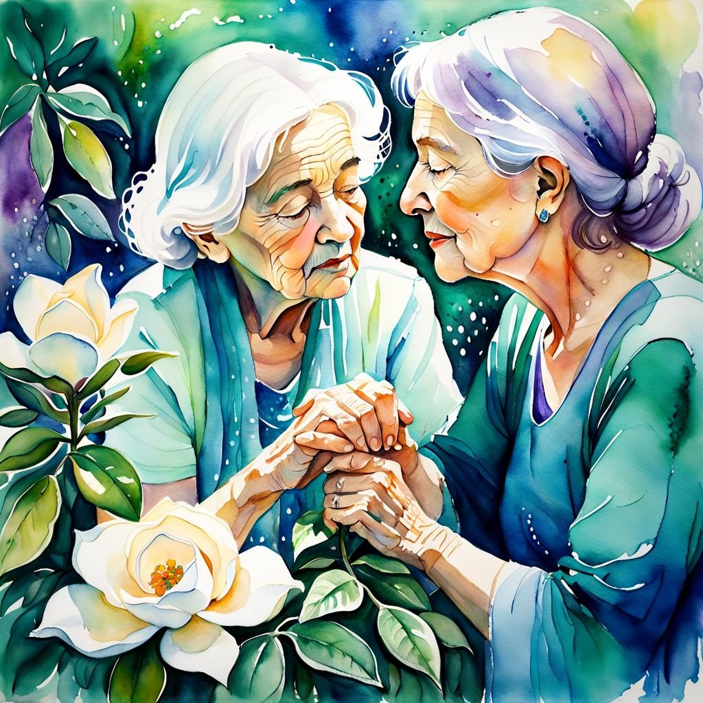 Watercolor: Grandmother and Granddaughter's Gigantic Gardeni...