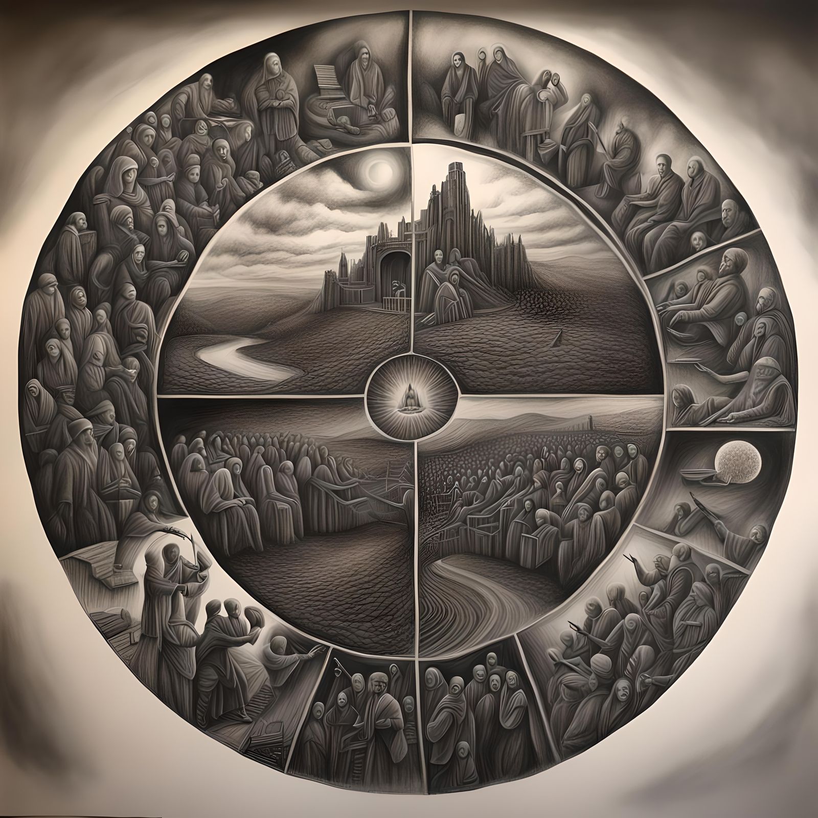 Hyperdetailed Charcoal Drawing: Reconciliation Cycle