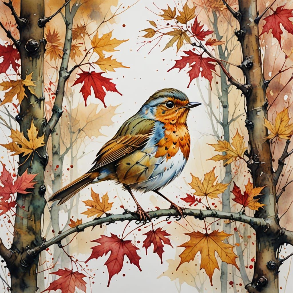 Golden Autumn Forest with Peaceful Robin in Watercolour Styl...