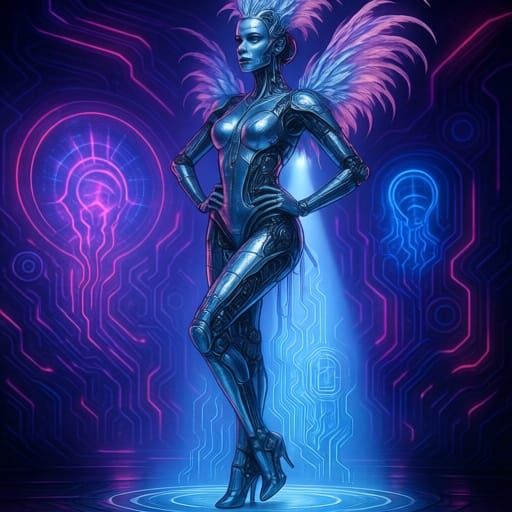 Biomechanical Showgirl Posing on a Futuristic Stage