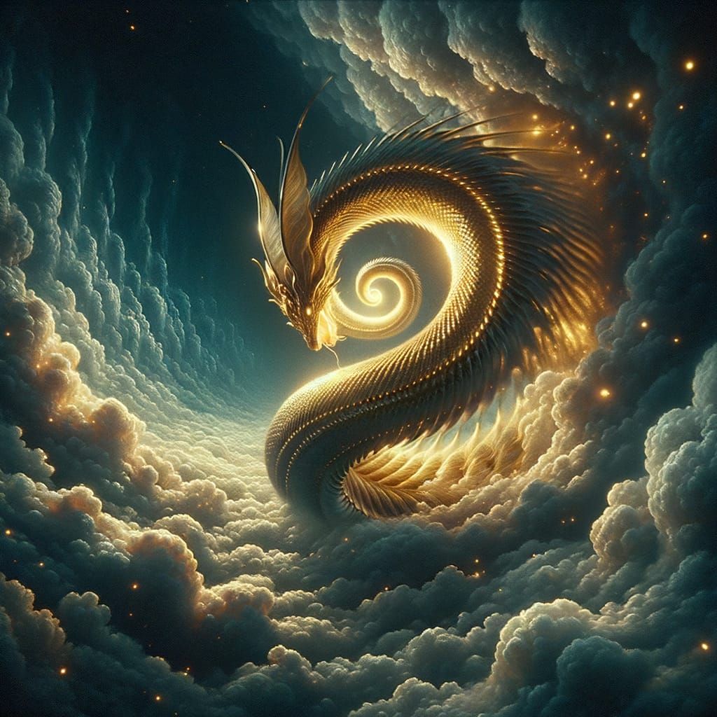 Golden Serpent in Clouds: Hyper-Detailed Fantasy Realism