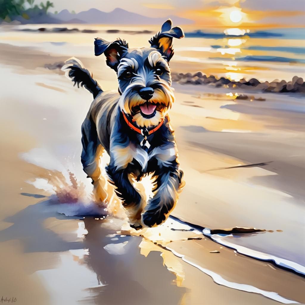 Mini Schnauzer Runs on Thailand Beach: Watercolor Art
