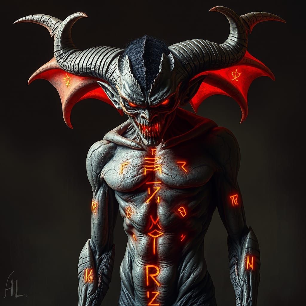 Demonic Figure with Mystical Runes in Dark Fantasy Style