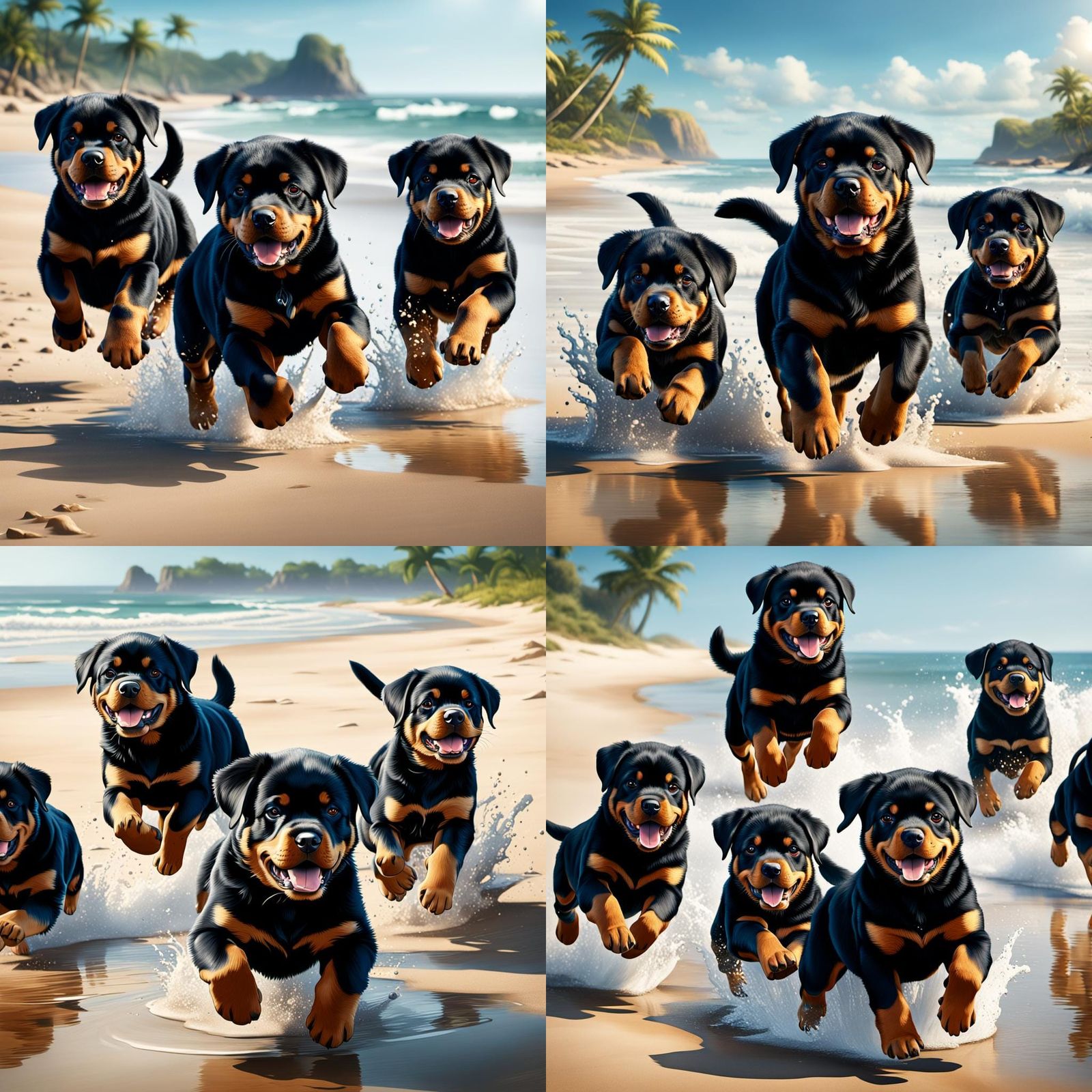 Rottweiler Puppies Play on Beach: Fantasy Concept Art