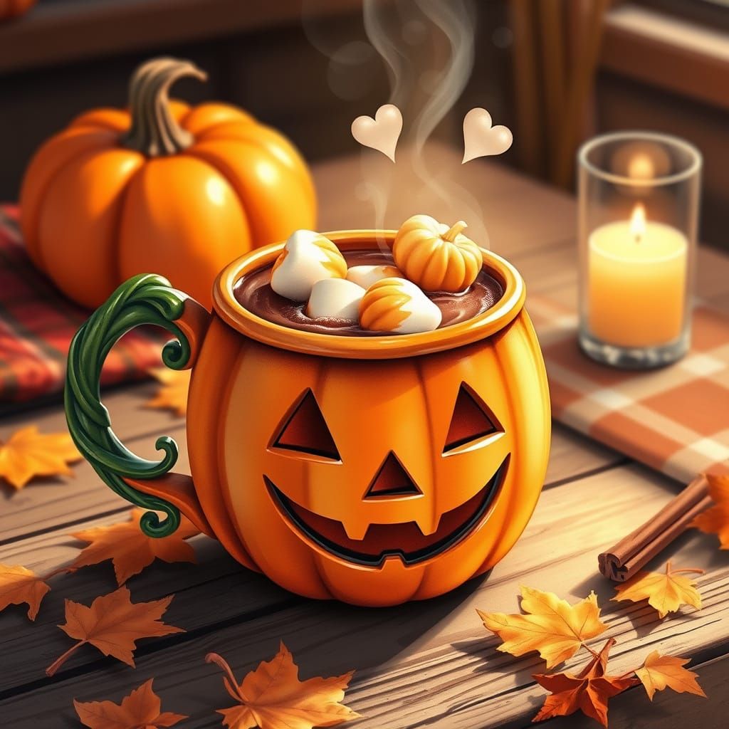 A cute jack-o’-lantern–shaped mug sits on a rustic wooden ta...
