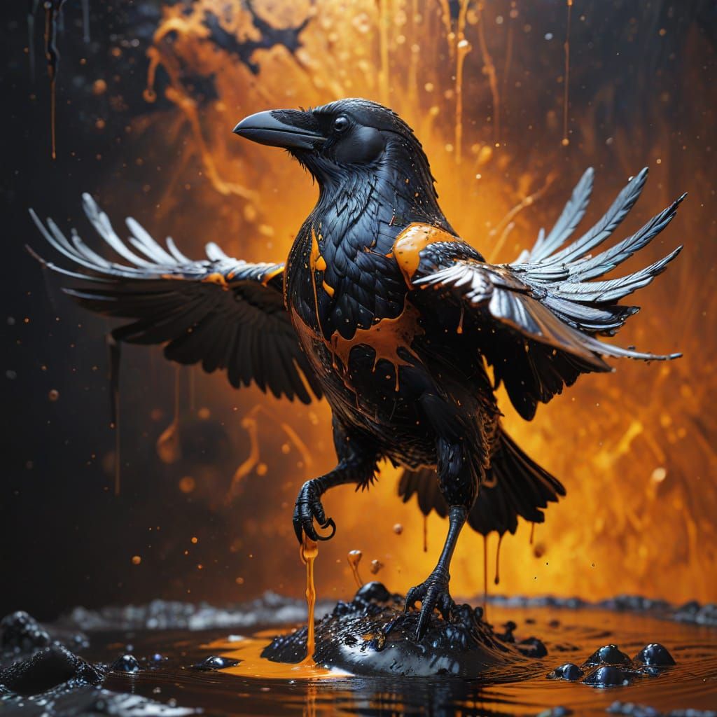Surreal Oil Painting of Raven Emerging from Oily Blackness