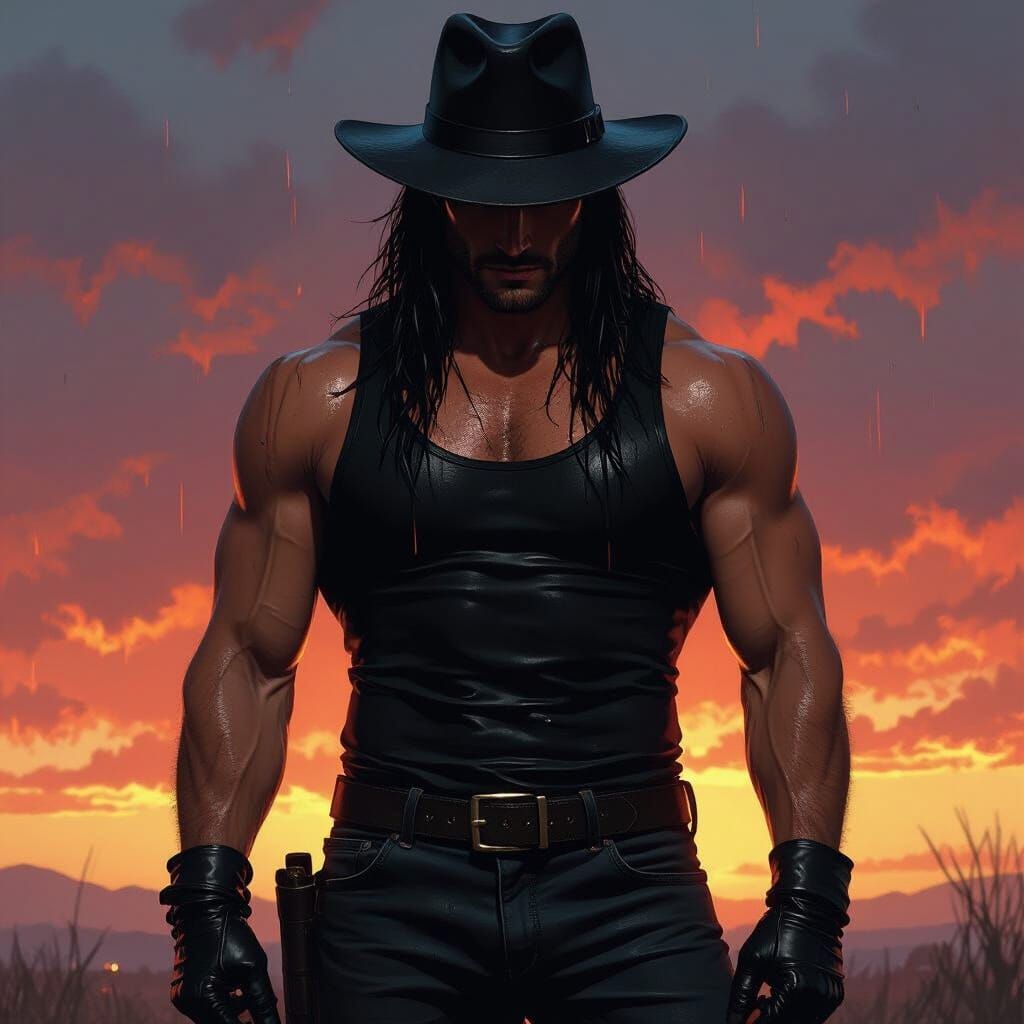 Twilight Silhouette: Muscular Man in Leather, Dramatic Light...