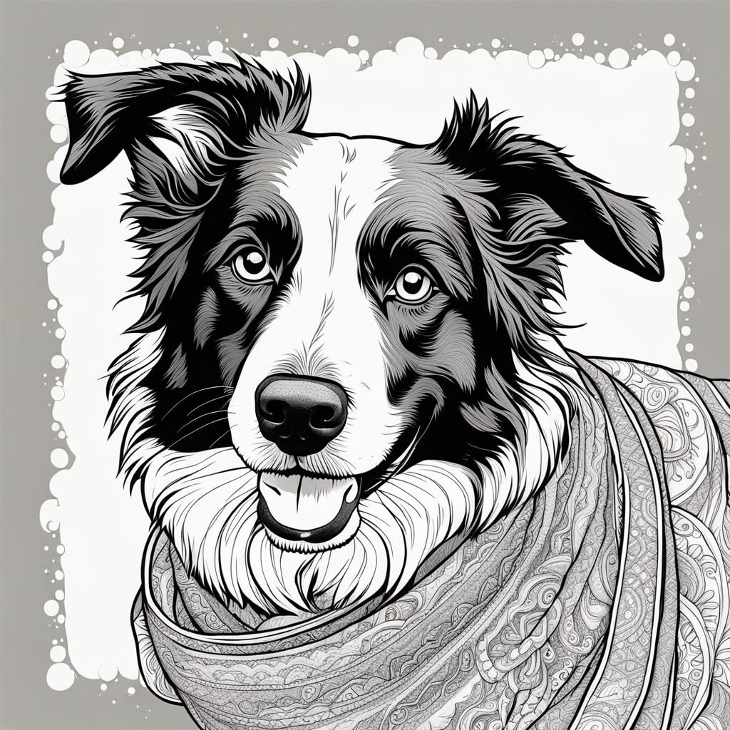 Border Collie with Bandana in Coloring Book Style