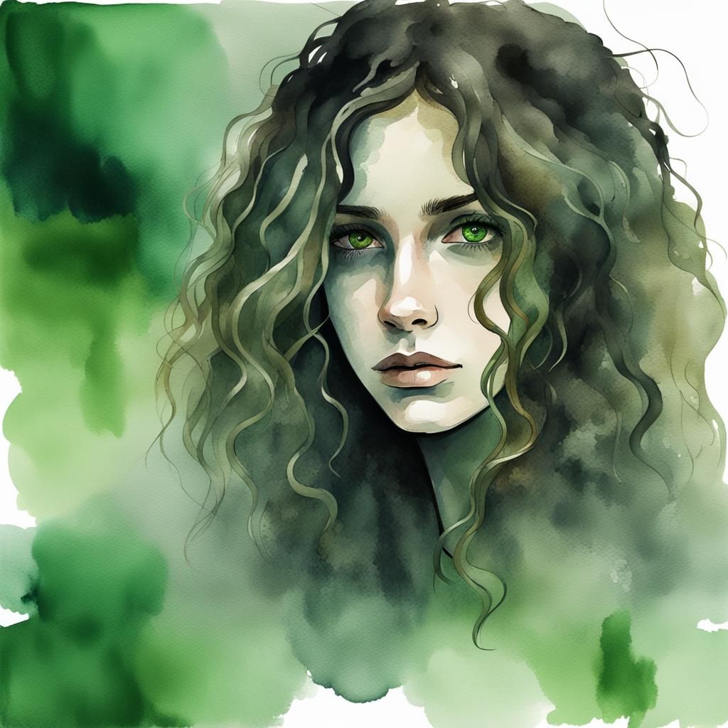 Sad Green-Eyed Girl: Watercolor Painting in Dreamy Style