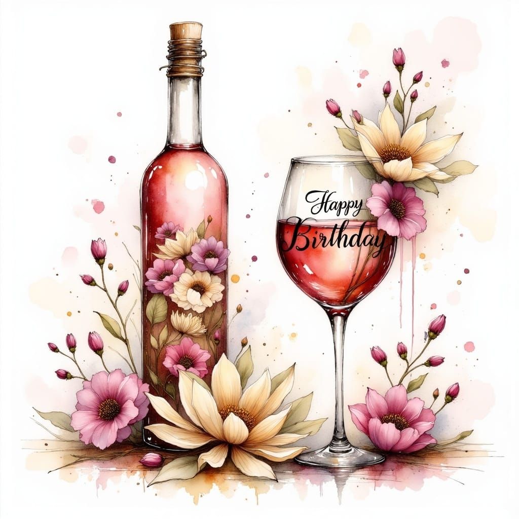 Joyful Birthday Celebration with Wine and Blooms
