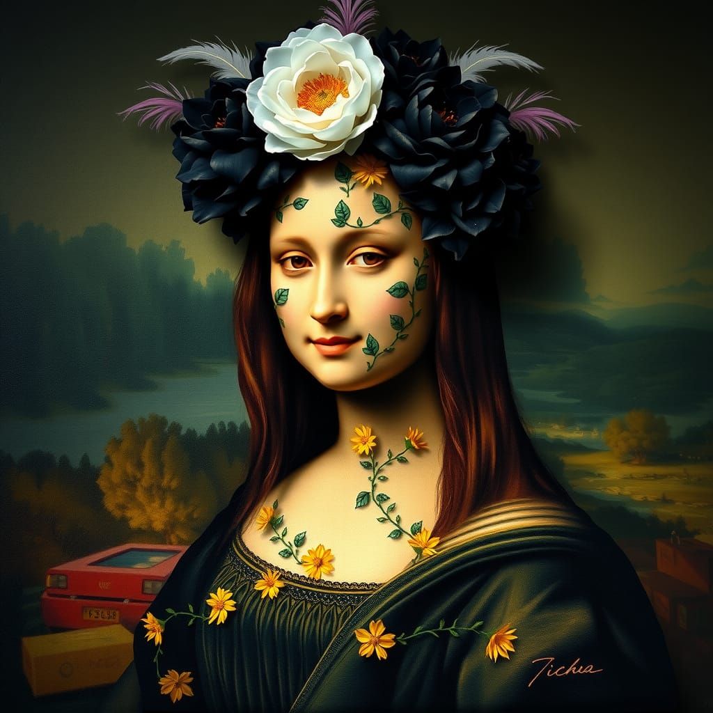 Mona Lisa with Floral Skin and Feather Crown