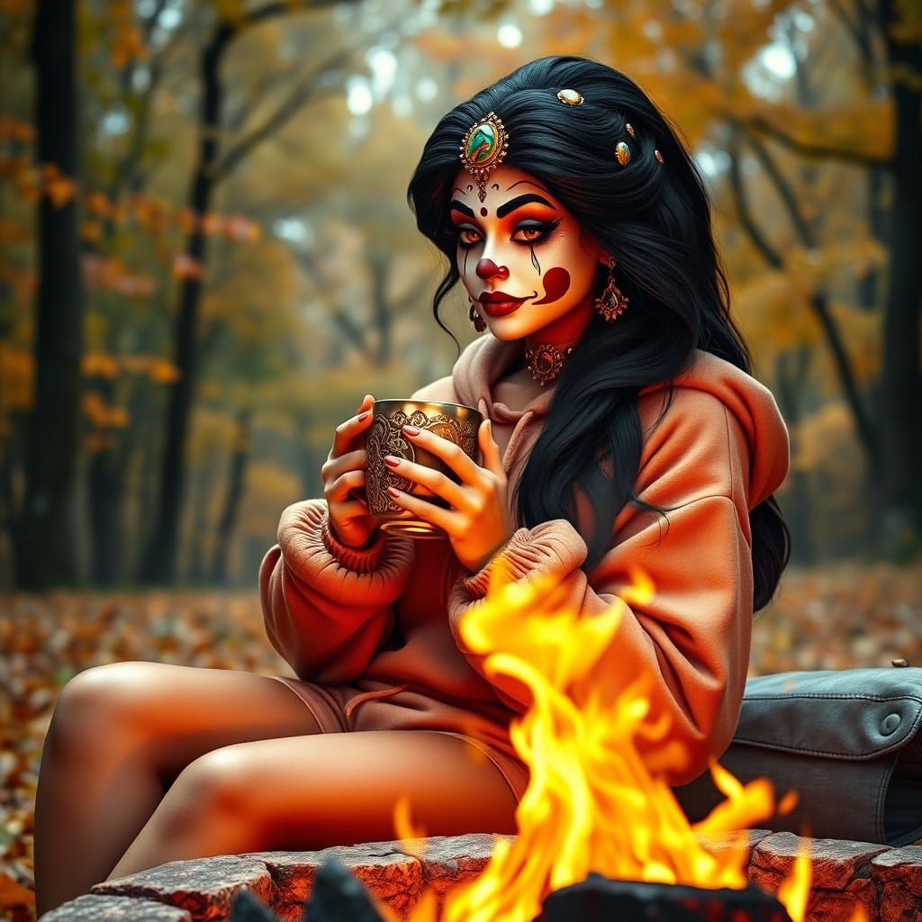 Golden Autumn Princess in Clown Makeup Sips Coffee by the Fi...