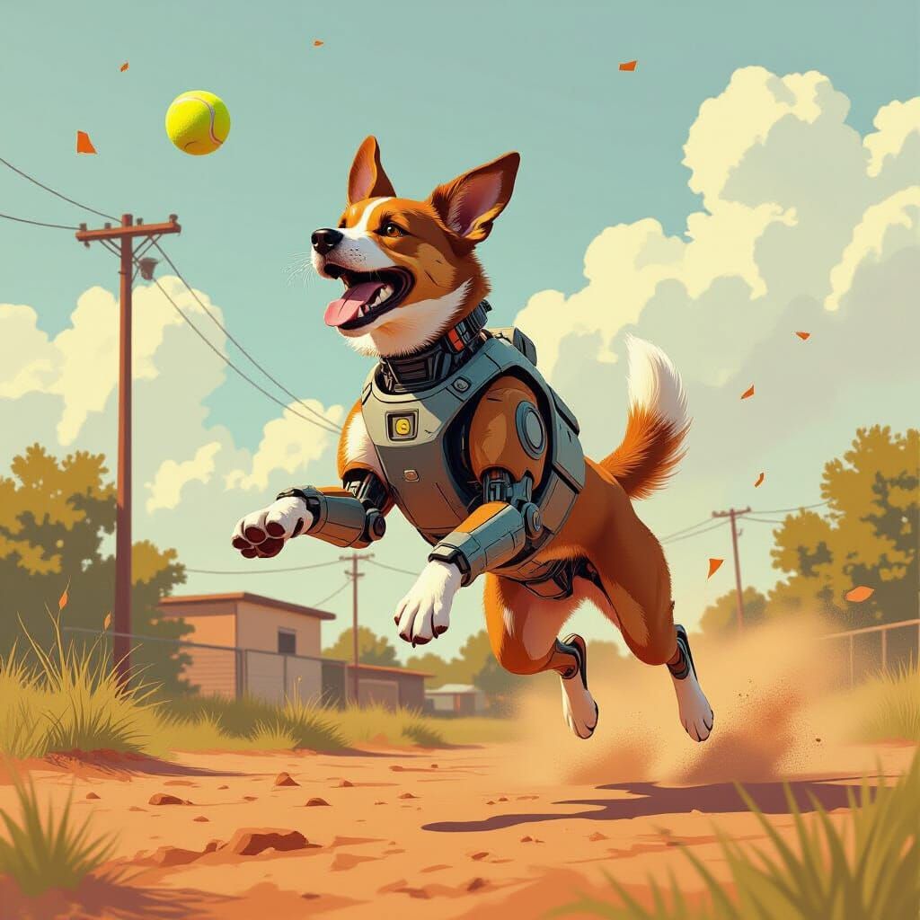 Cybernetic Dog Leaping for Tennis Ball in Gouache Tones