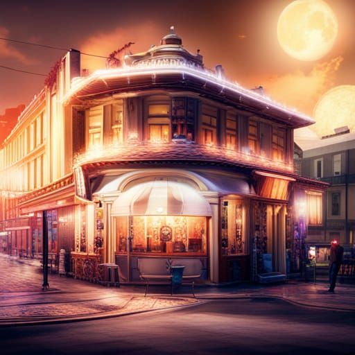 Warmly Lit Cafe Under Night Sky