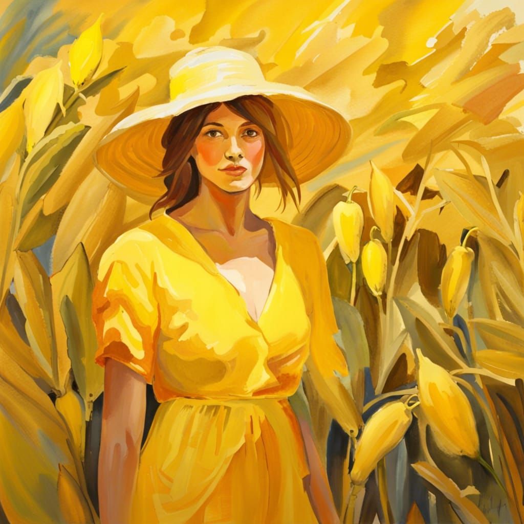 Woman in Yellow Field as Gouache Painting