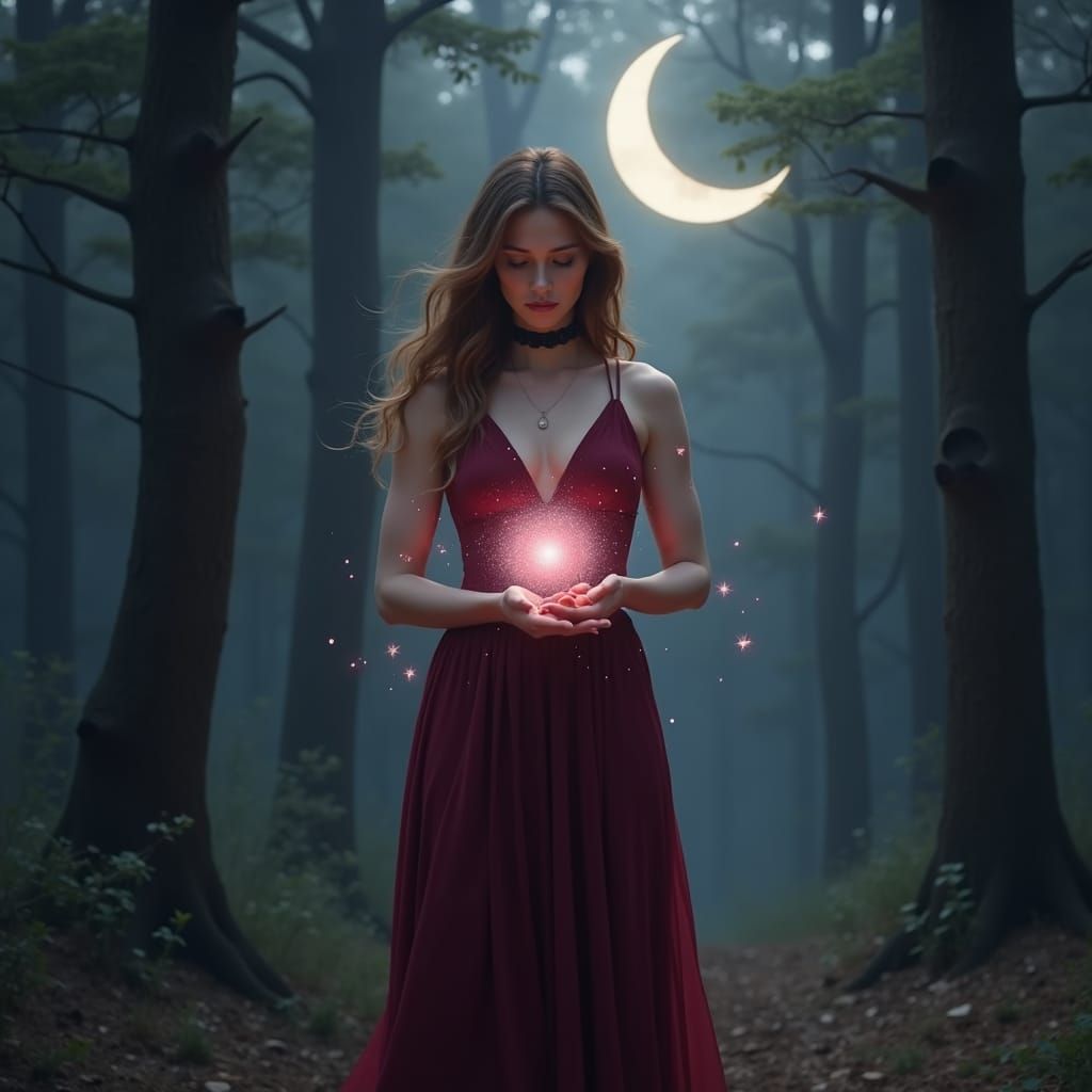 Mystical Woman in Forest with Lunar Energy