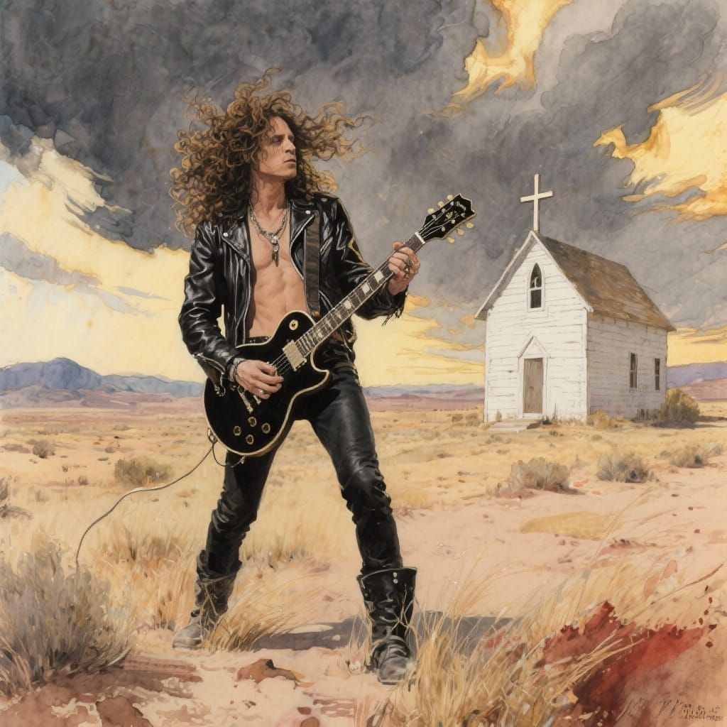 Slash Playing Guitar in Desert Chapel Watercolor Painting