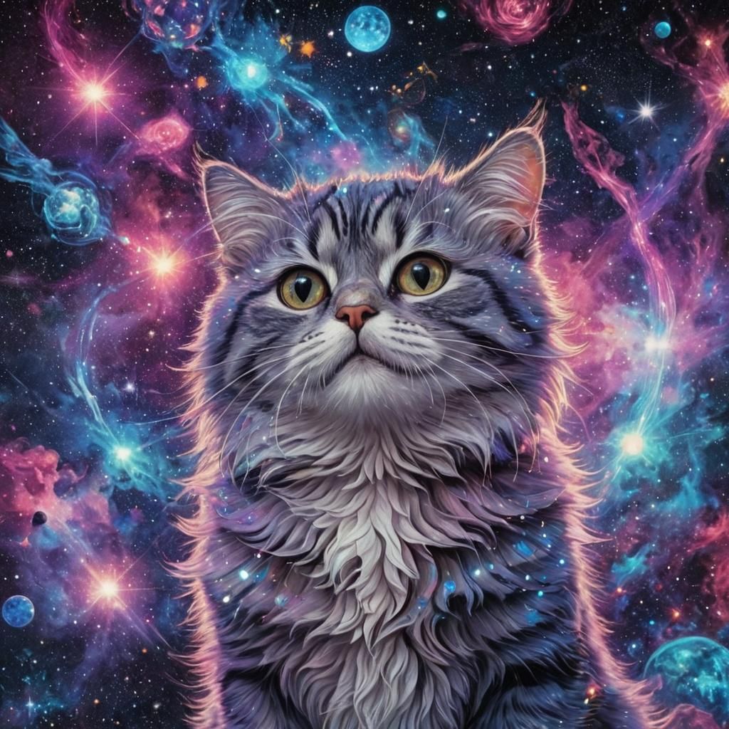 Cosmic Puppy and Cat Holographic Illustration