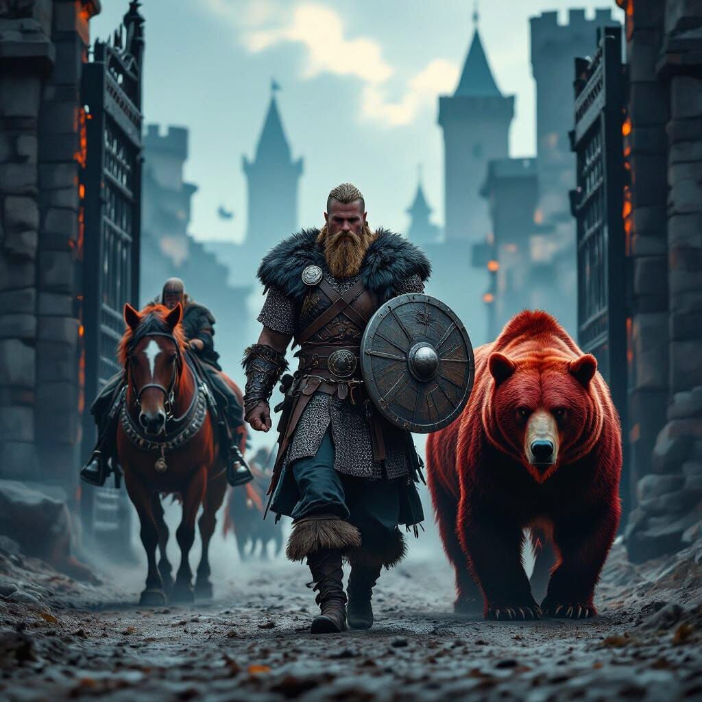 Rus Viking Warrior Leads Bear Companion Through City Gates