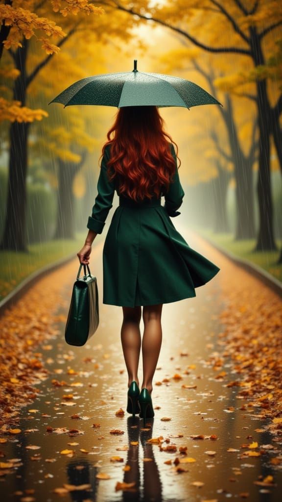 Autumn Park Scene with Woman in Trench Coat