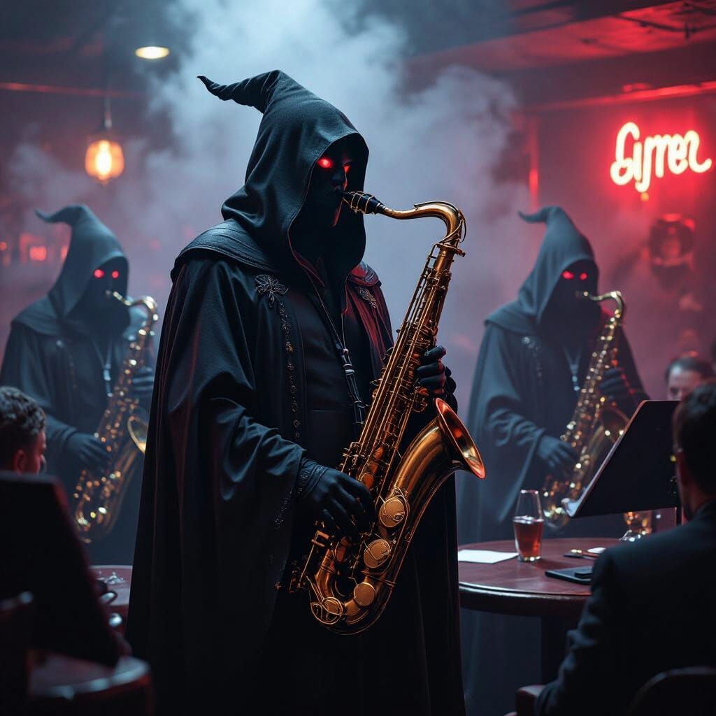 Nazgul Jazz Band in Neon-Lit Club, Dark Aesthetic