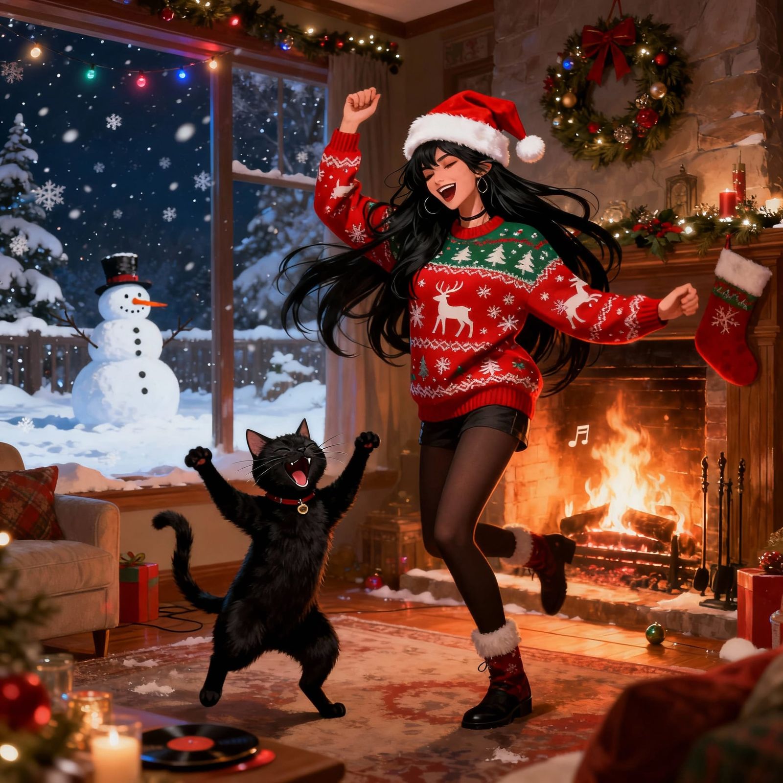 Woman and Cat Celebrate Christmas Party in Cozy Fireplace Sc...