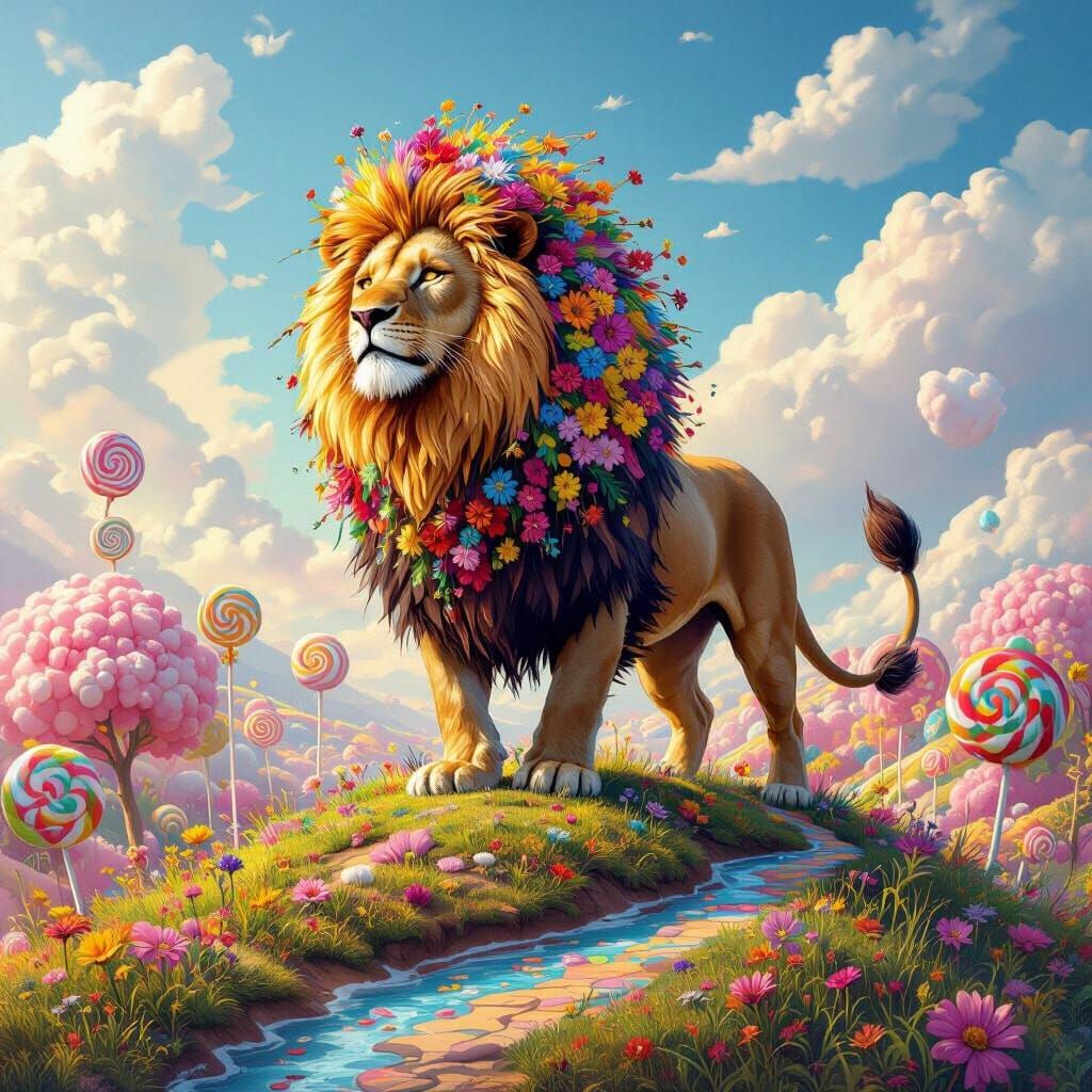 Lion with Wildflower Mane in Candy Land, Graffiti Art