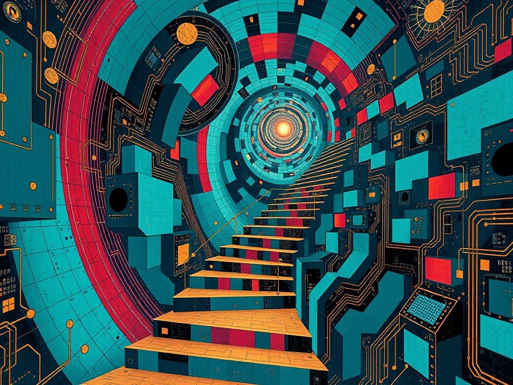 Cosmic Cyberpunk Stairway to Infinity in Vibrant Geometric H...