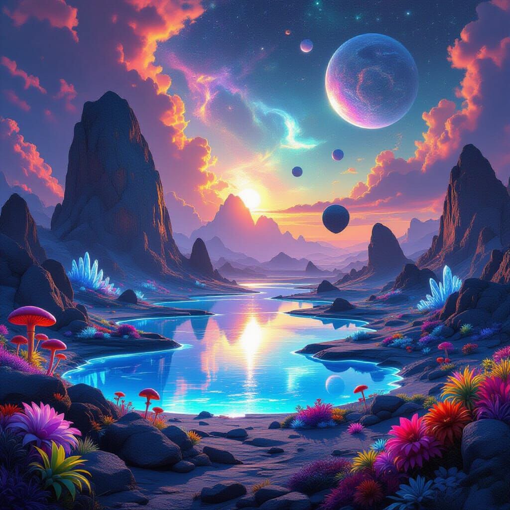 Surreal Alien Planet with Floating Rocks and Neon Sky