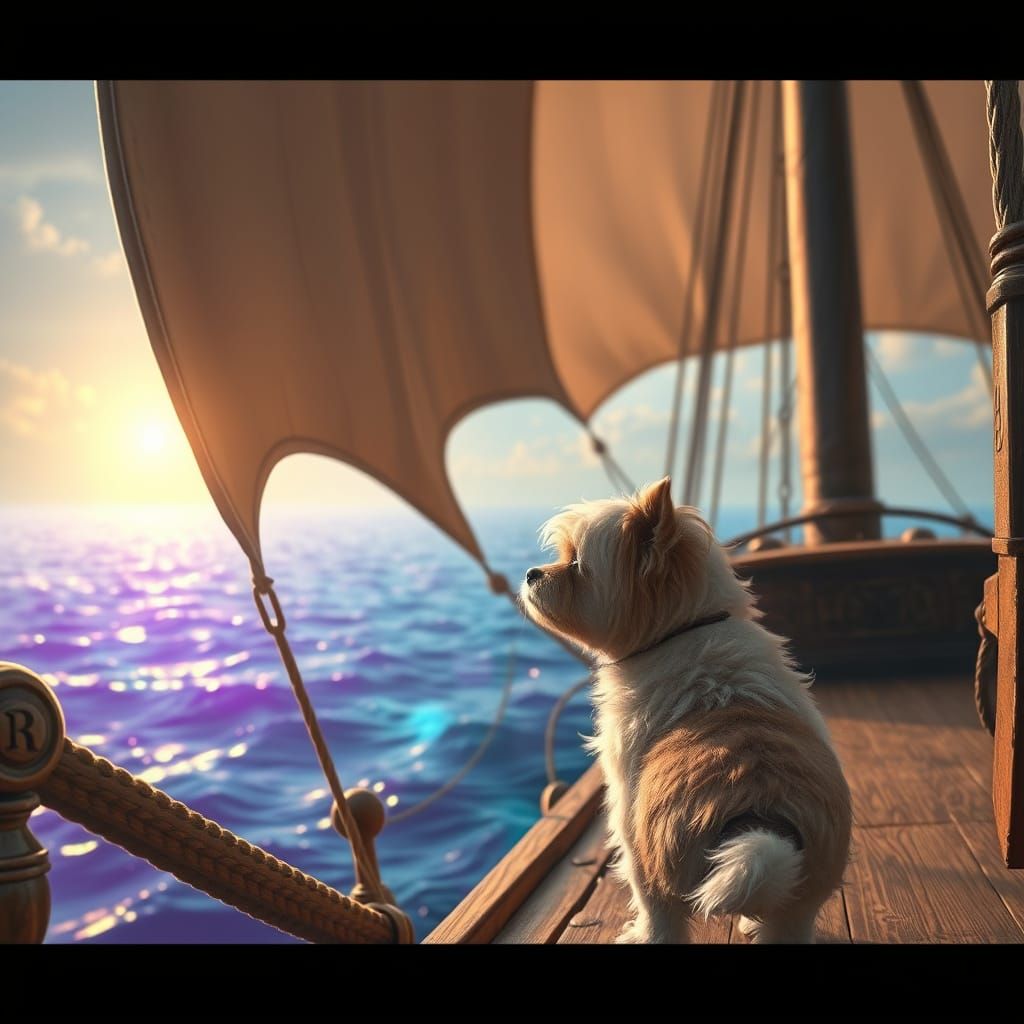 Majestic Sailing Ship with Curious Dog at the Bow