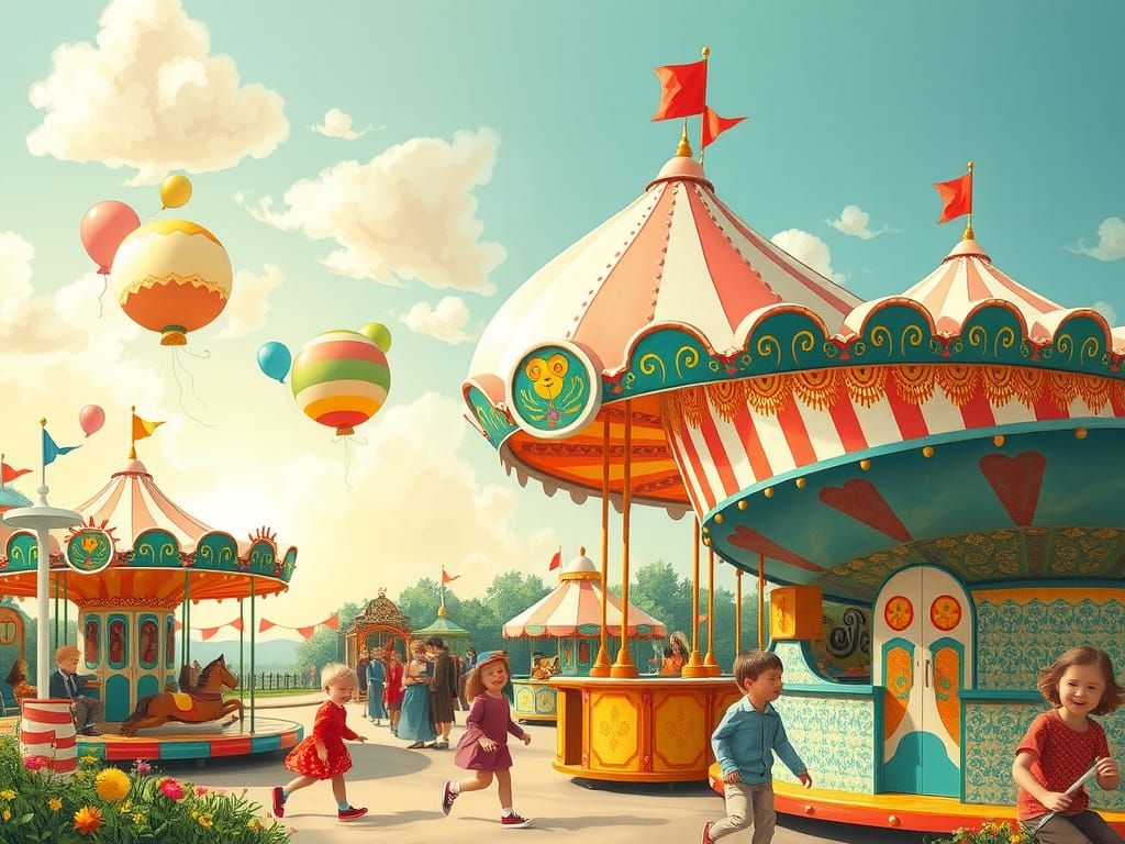 Whimsical Amusement Park Scene in Folk-Art Style