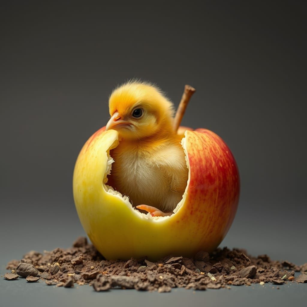 Fowl Emerging from Fruit in Whimsical Style